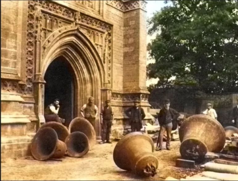 Photo of the bells being serviced at St Peter & Paul's Church, Kettering